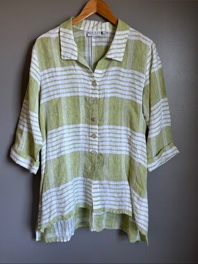 Habitat 100 % linen light green & white striped button-front shirt * sz M *